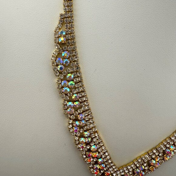 Gold Rhinestone Necklace With Scalloped Design & Aurora Borealis Crystals - Picture 3 of 8